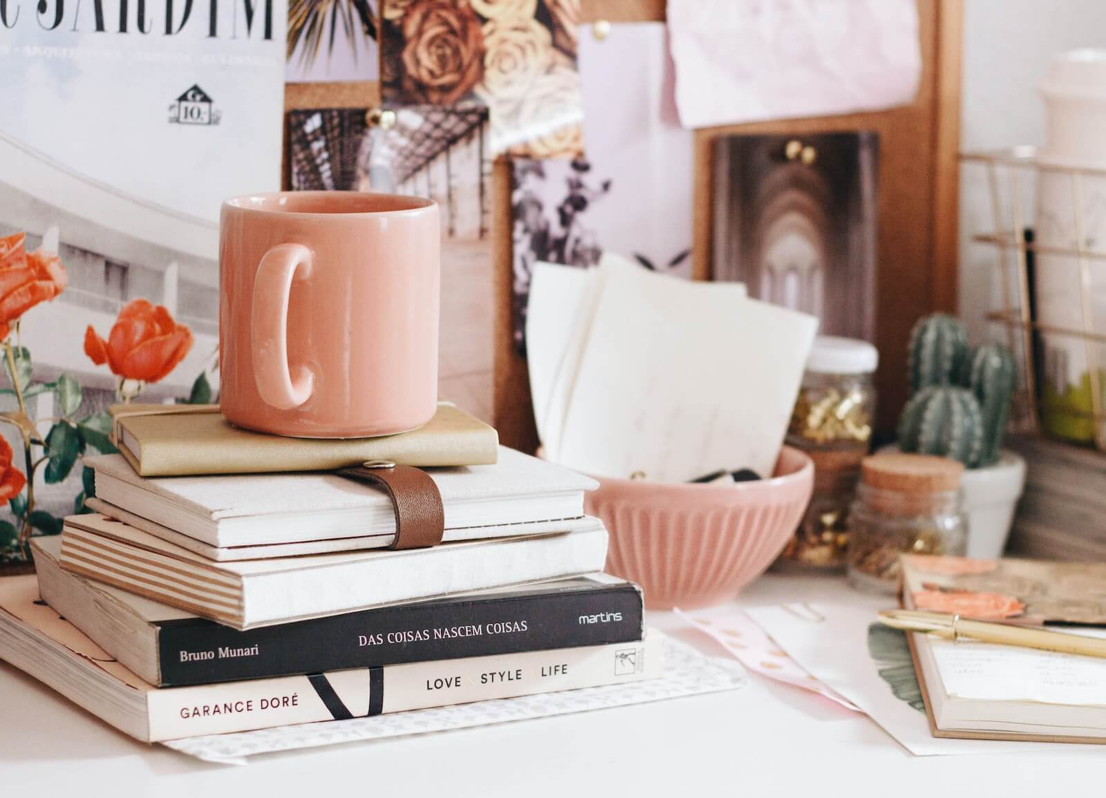 Pink Cup on Books Desk